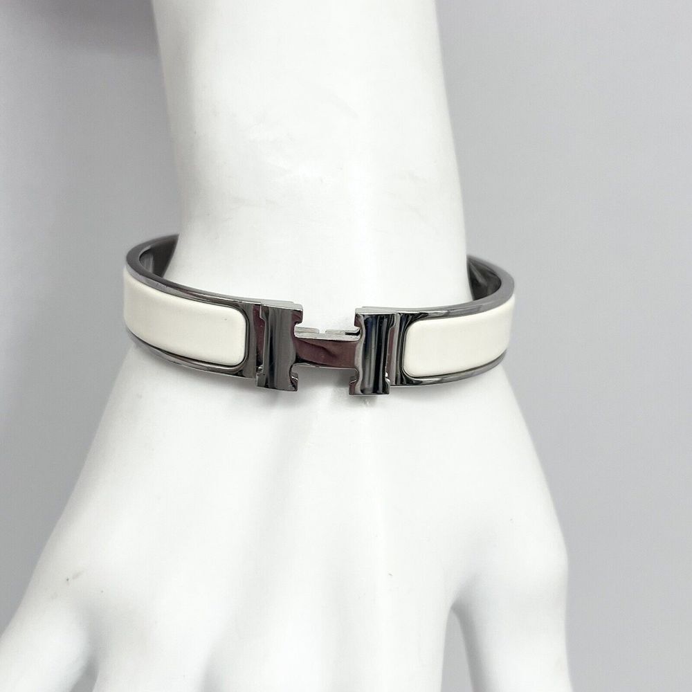 Hermes H Clic Clac Bracelet Silver Metal‎ White Enamel Sleeper Bag
